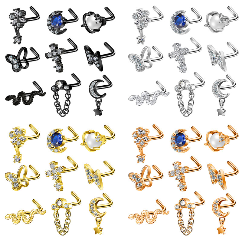 9 Pcs CZ L Bend Screw Bone Nose Studs Surgical Steel Pin Nose Ring 20G Piercing
