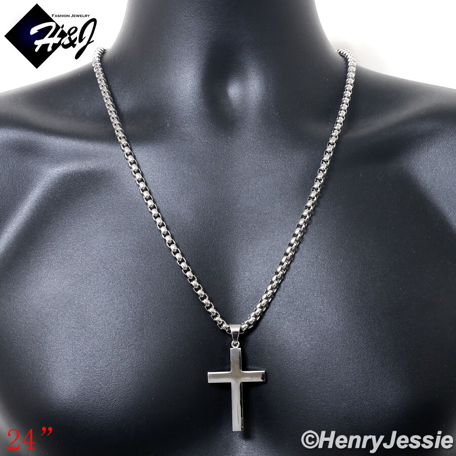 18″-40″MEN Stainless Steel 5mm Silver Box Link Necklace Plain Cross Pendant*P64