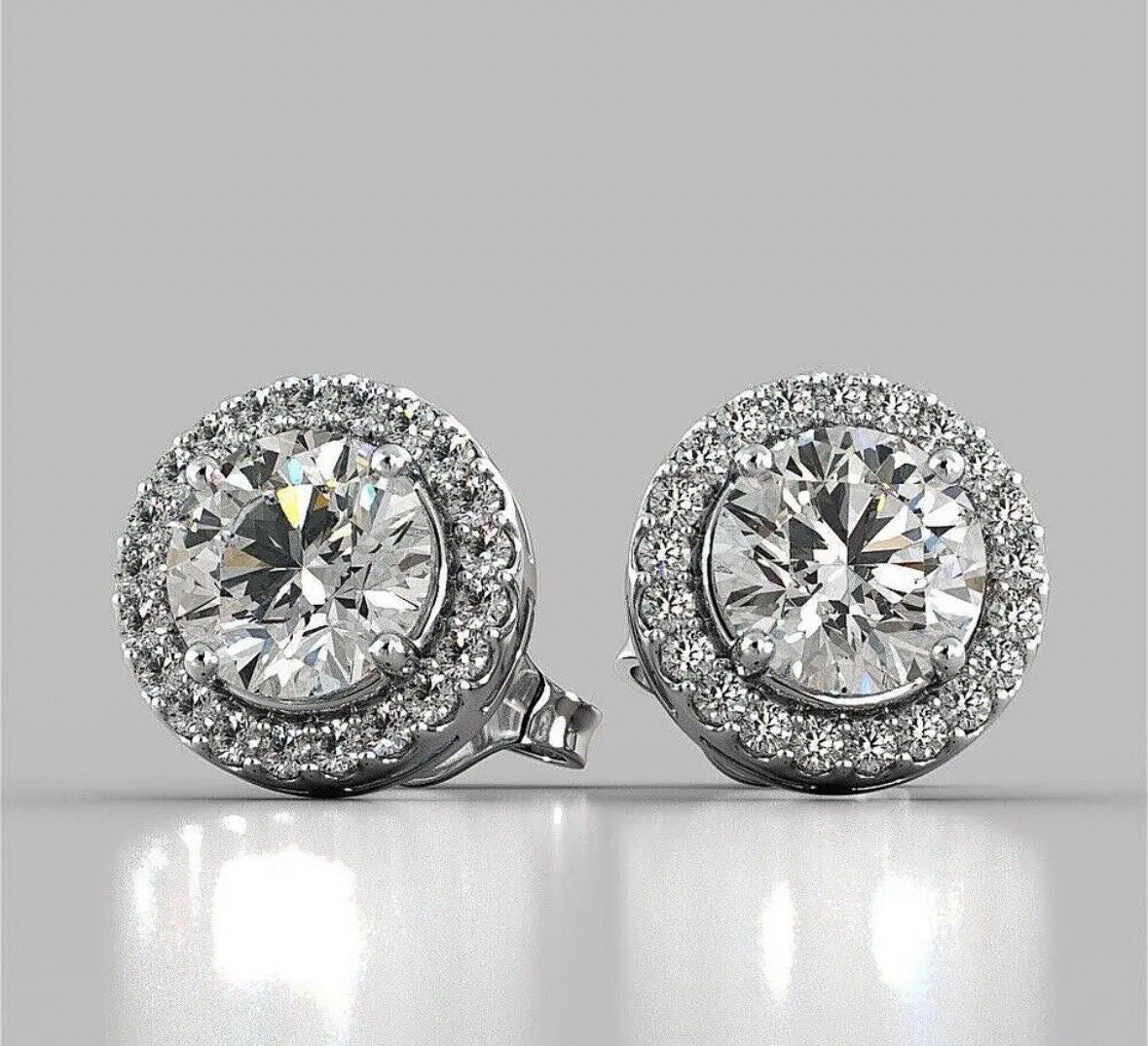 4 Ct Halo Round Cut FL/D Lab Created Stud Earrings 14k White Gold Push Back 8mm