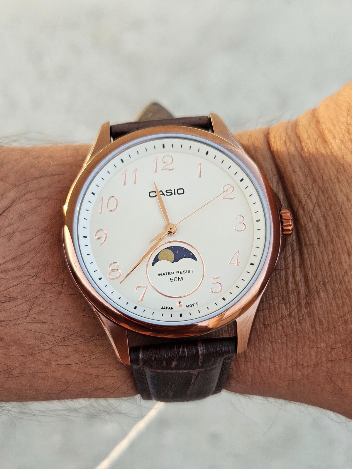 Casio MTP-M110RL-5AVDF Men’s Moon Phase Watch Rose Gold Brown Leather Strap New