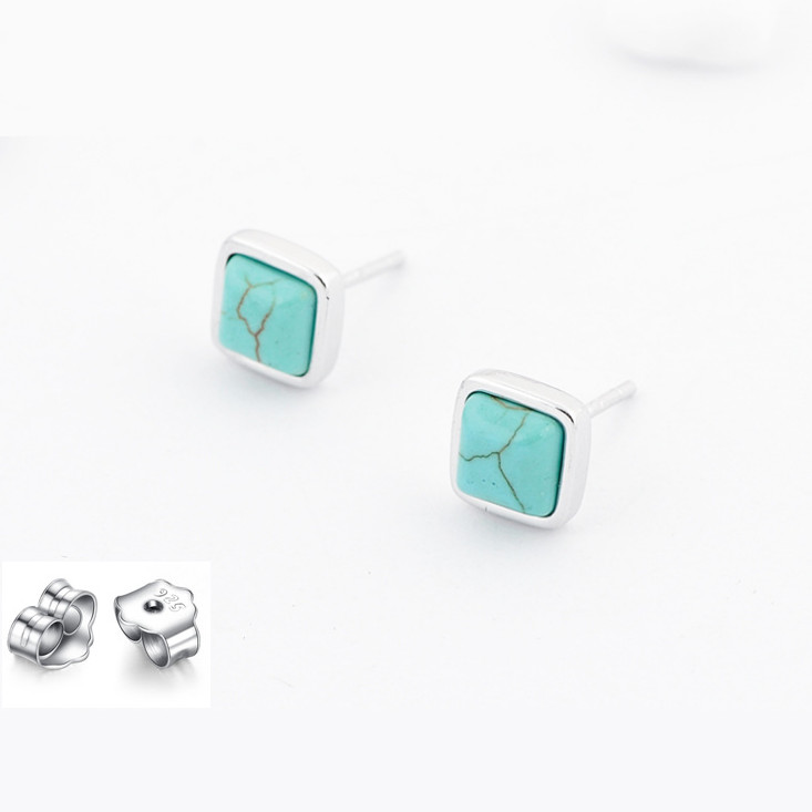 925 Sterling Silver Post Square Blue Turquoise Stud Earrings 8mm Gift PE43