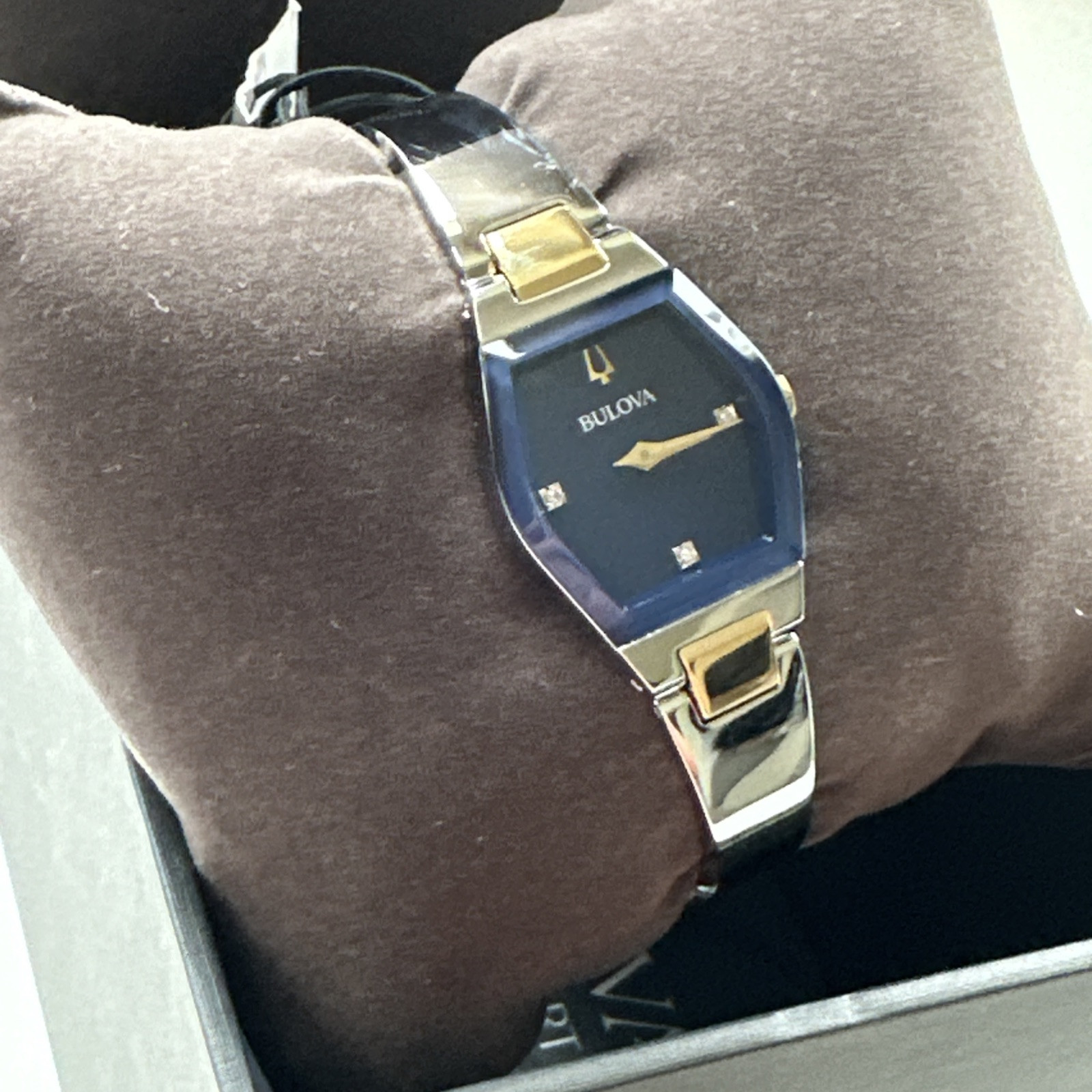Bulova Gemini Diamonds Quartz Blue Dial Steel Ladies Bangle Watch 98P218