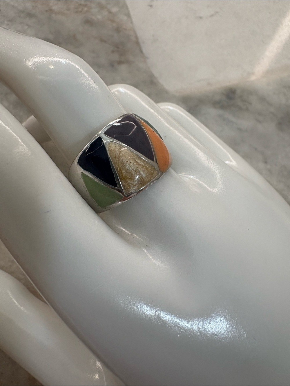 Multicolor Geometric Inlay Ring Green, Orange, Cream, Blue, Purple – Size 8.5
