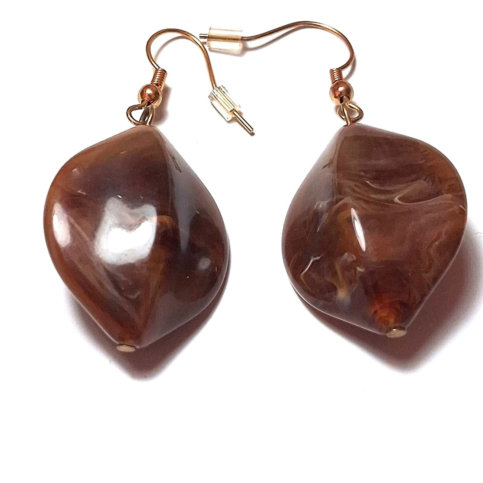 ​VINTAGE BROWN MARBLED ACRYLIC DROP EARRINGS CHUNKY LUCITE TORTOISE BOHO JEWELRY