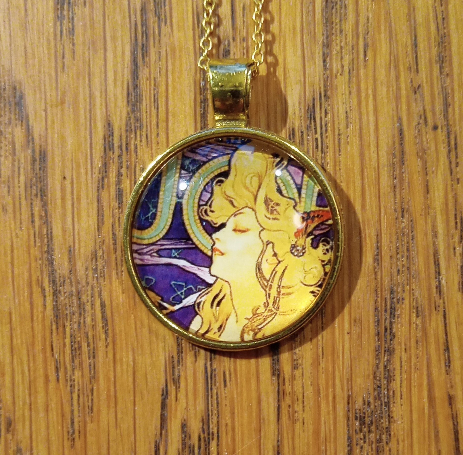 Goddess Cabochon Pendant, Alphonse Mucha Art Nouveau, Glass Pendant Goldplated