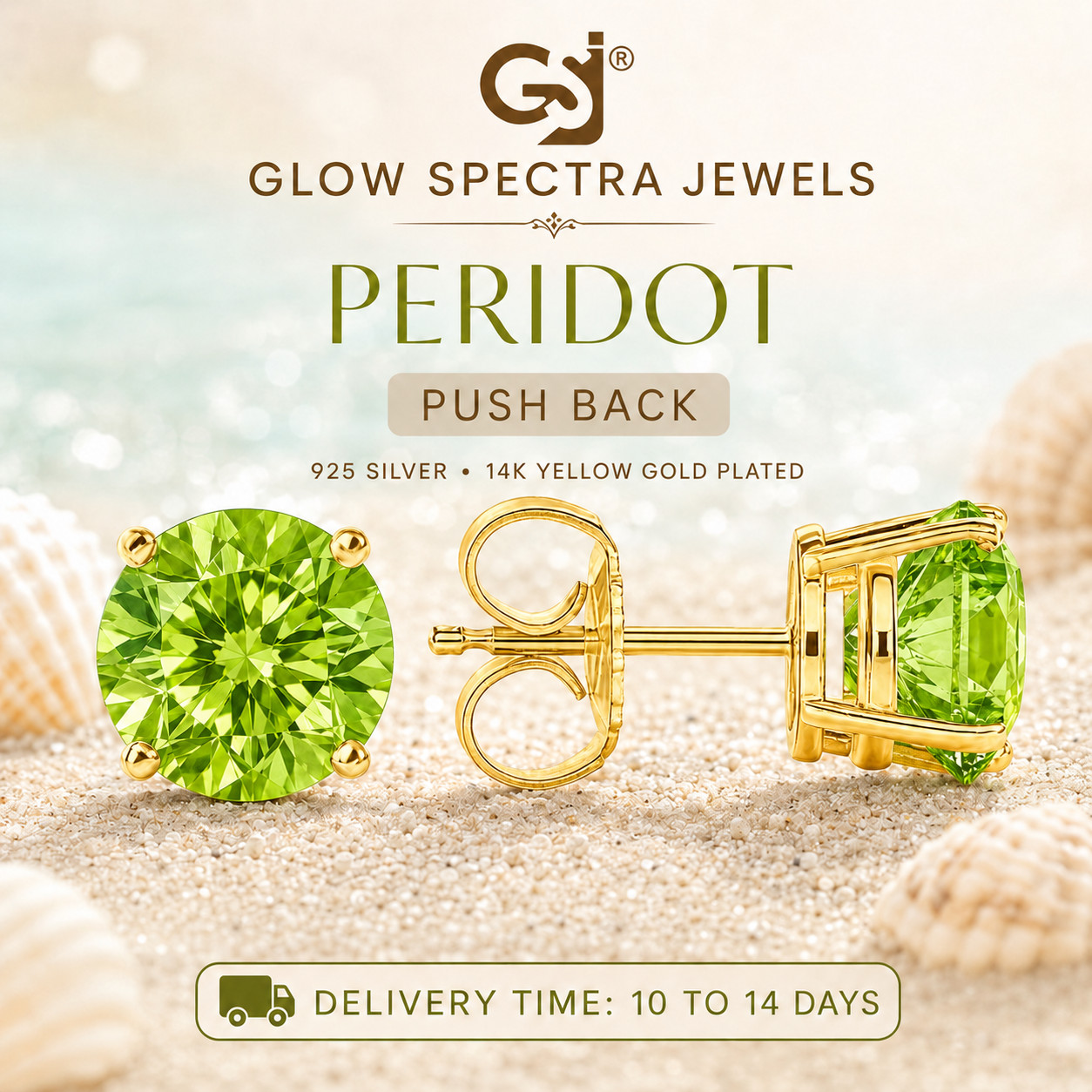 2.00CT Solitaire Green Peridot Stud Erring 925 Silver 14k Yellow Gold Plated