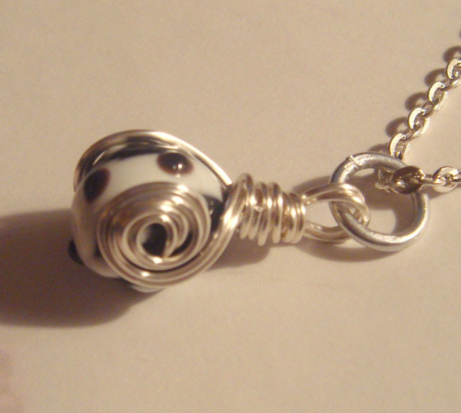 #202 Black&White Bead Pendant with Silver Chain Wire Wrapped One of a Kind