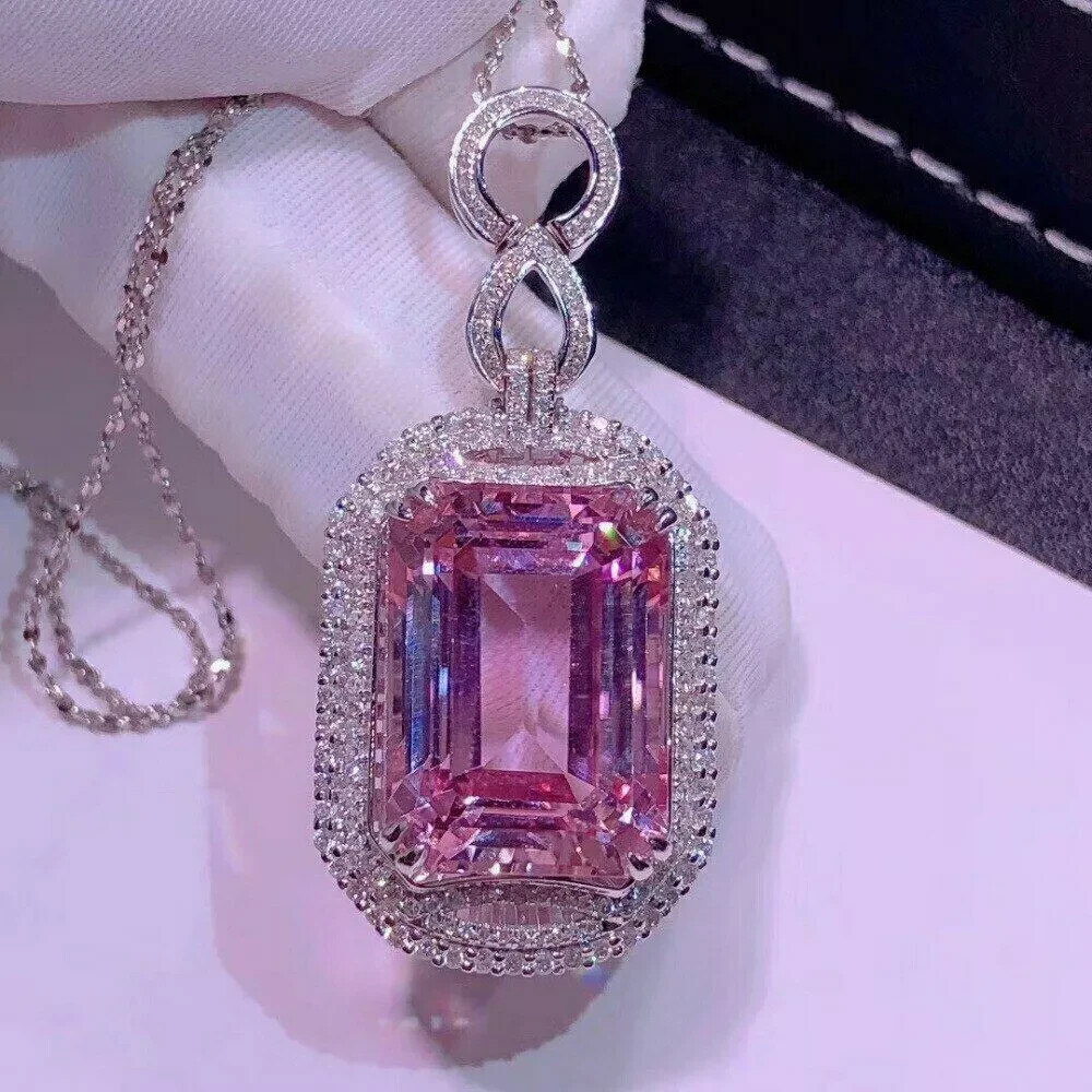 5Ct Emerald Pink Sapphire Cocktail Halo Pendant 14K White Gold Finish Free Chain