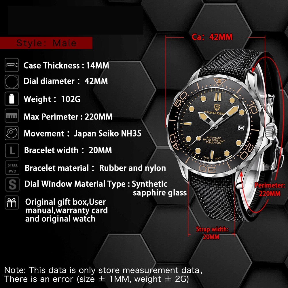 PAGANI DESIGN PD-1667 Automatic Watch with Rubber Strap. USA seller. Ships Fast