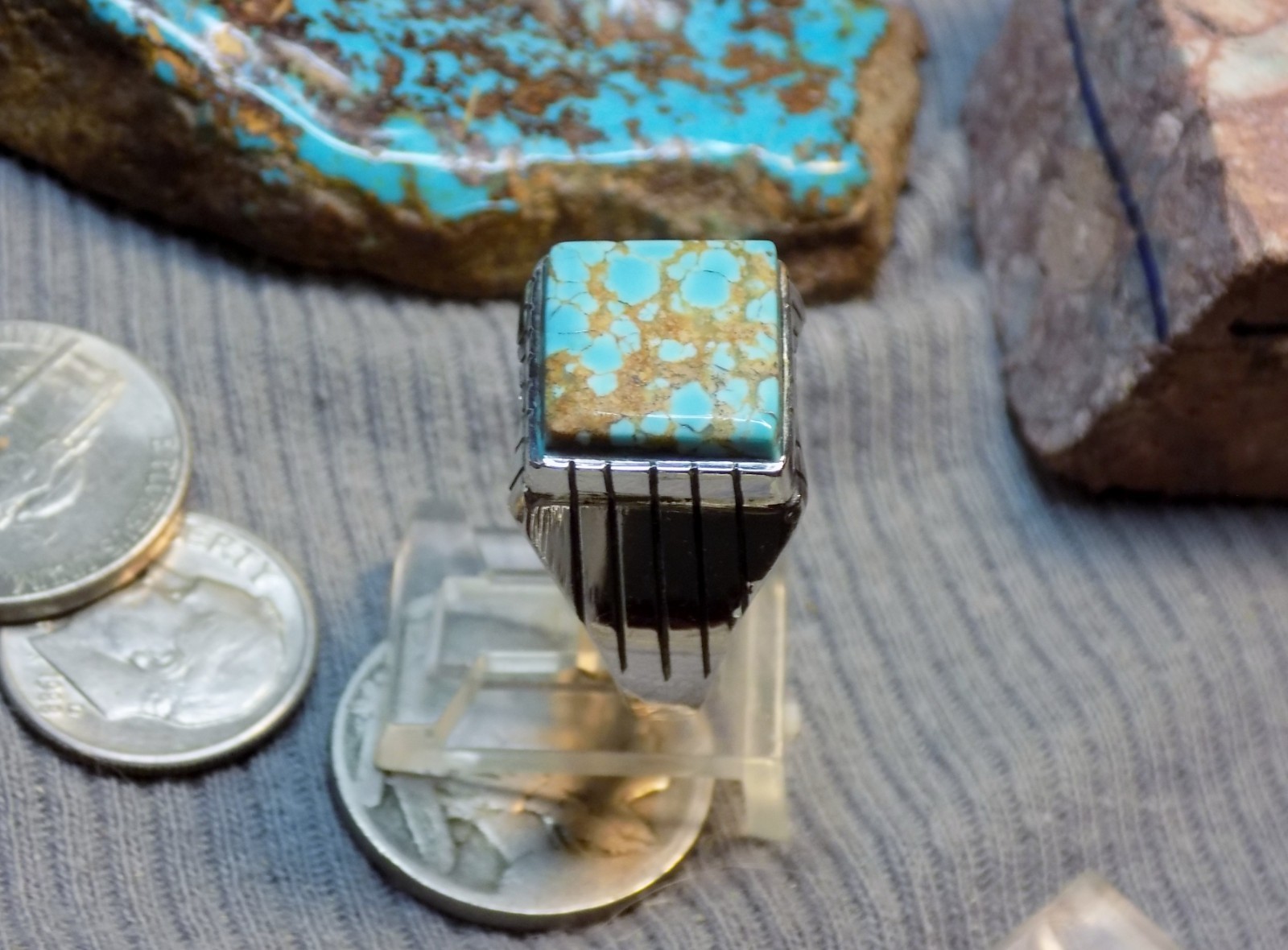 Mens Ring Sterling # 8 Turquoise stone Navajo Trevor Jack Size 9 3/4