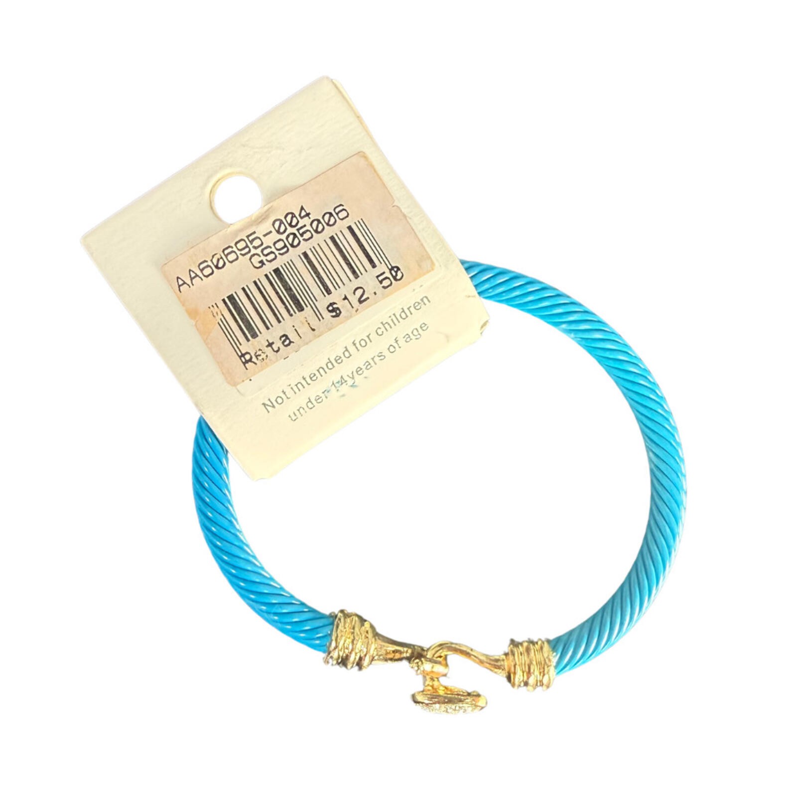 Blue cable cuff bracelet with gold accents and a crystal‑decorated end.