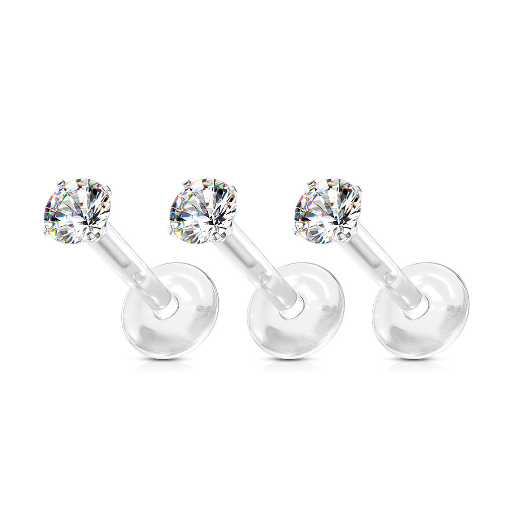 Pair Prong Set Round CZ Bio Flex Push In Ear Cartilage Helix Labret Tragus 16G