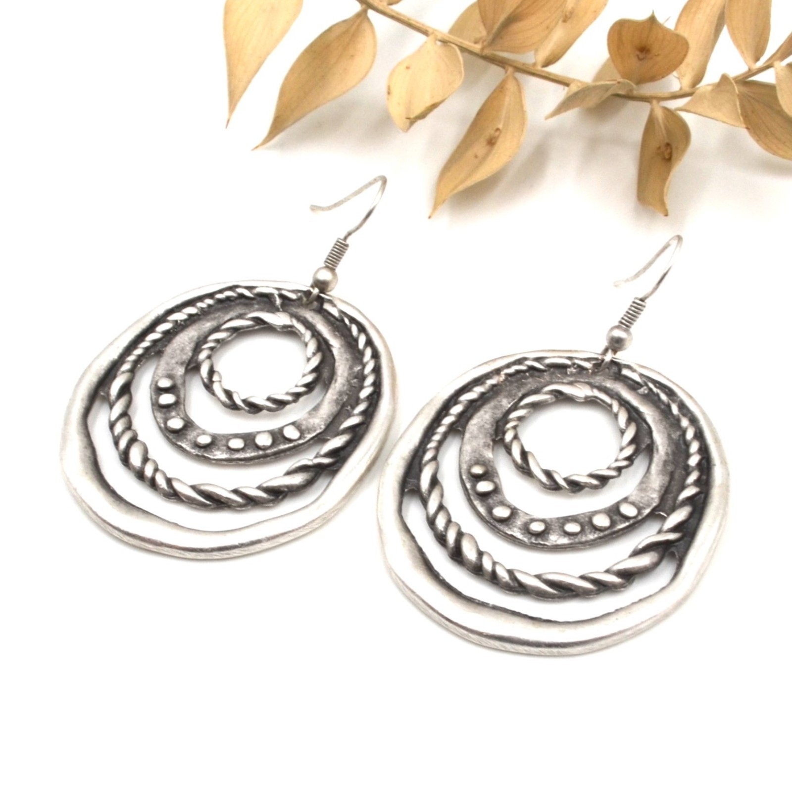 Ancient Silver Labyrinth Hoop Dangle Earrings Boho Tribal Concentric Circles