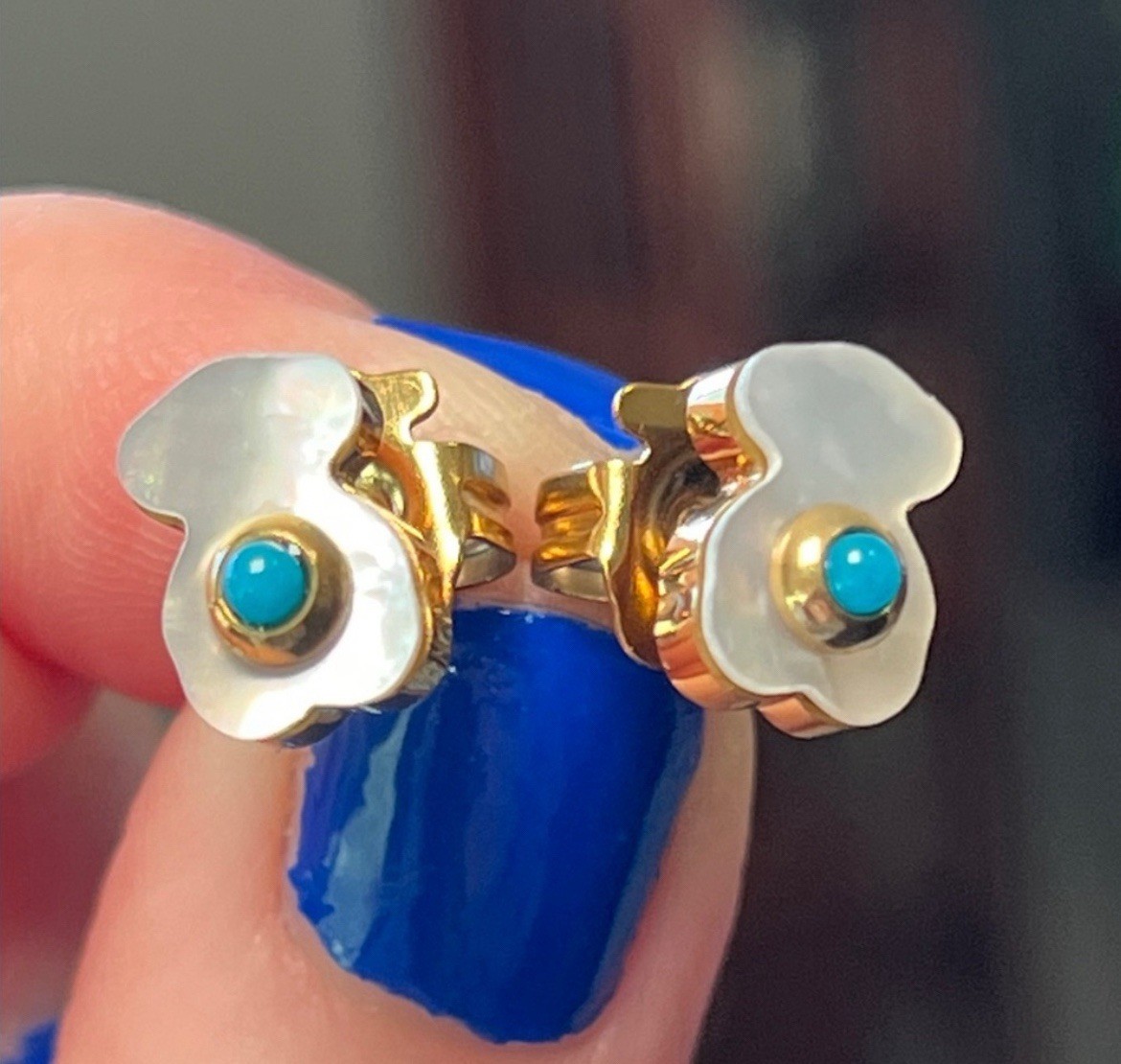 VTG Teddy Bear Mother of Pearl Turquoise Gold Plated Earrings – Style of Tous