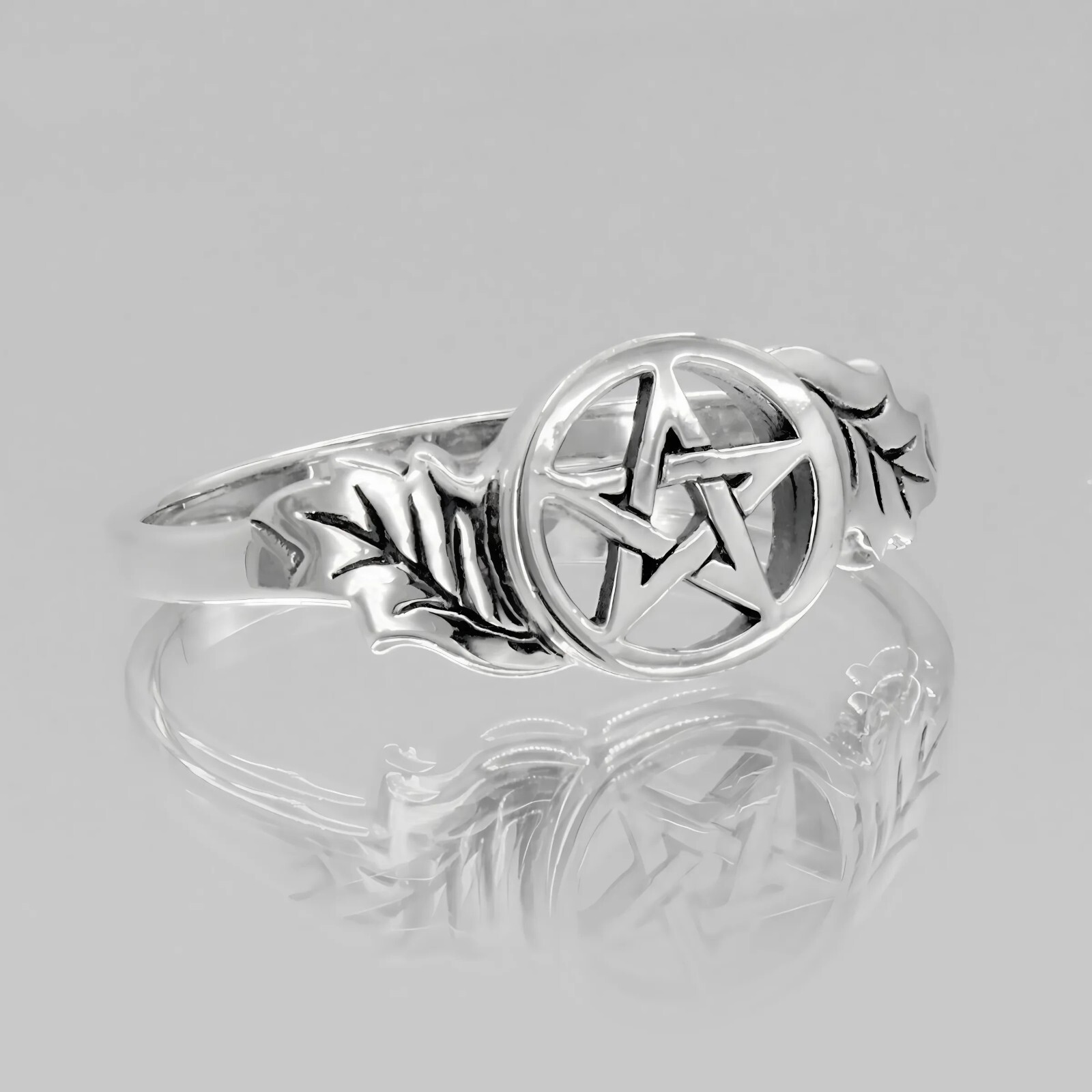 Sterling Silver Oak Tree Leaf Pentacle Ring – Wiccan Pagan Pentagram Jewelry