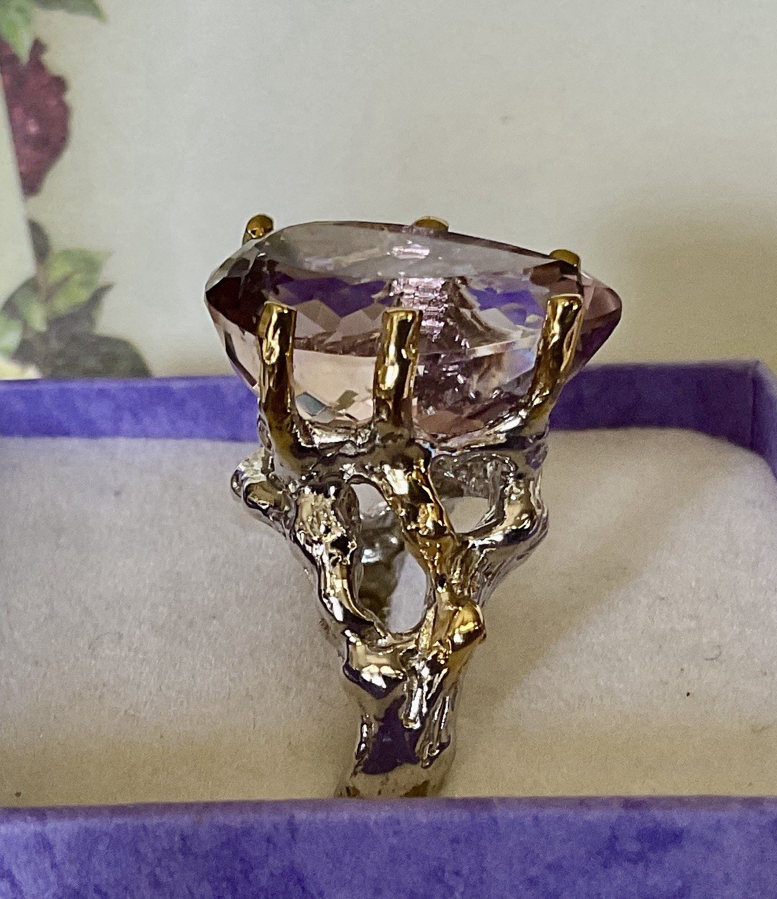 LILAC TONED AMETHYST RING – 18X13mm Or 12ctw – SETTING IS IN A TREE BRANCH MOTIF
