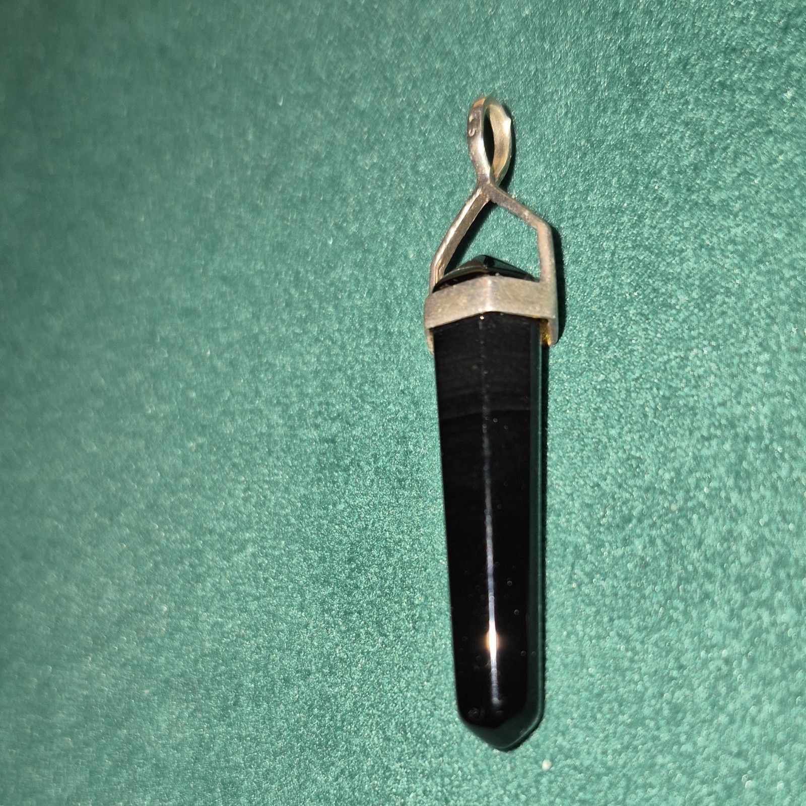 Black Hexagon Stone Bar Point Pendant w/ Silver Tone Bail, Black/Silver