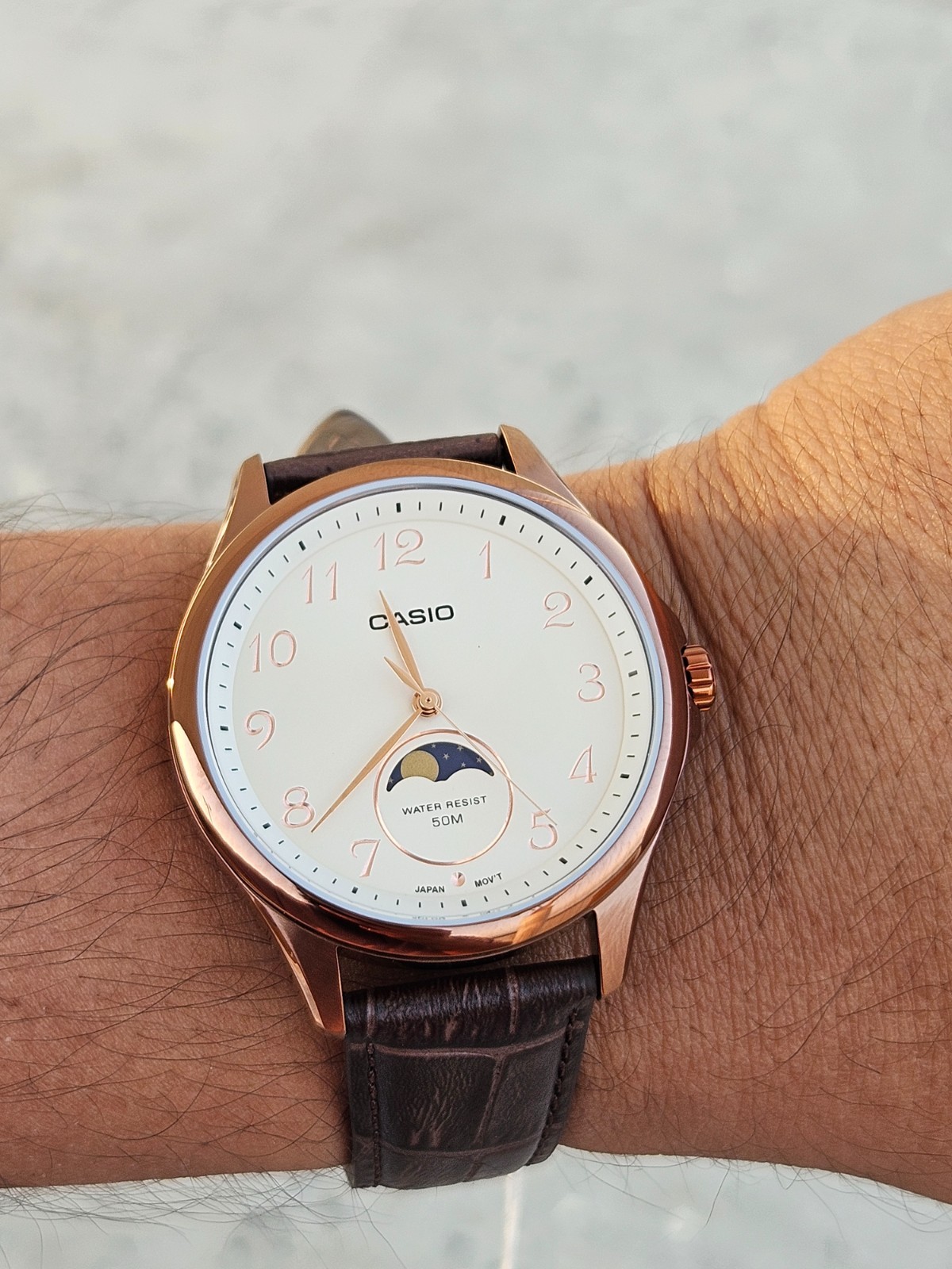Casio MTP-M110RL-5AVDF Men’s Moon Phase Watch Rose Gold Brown Leather Strap New