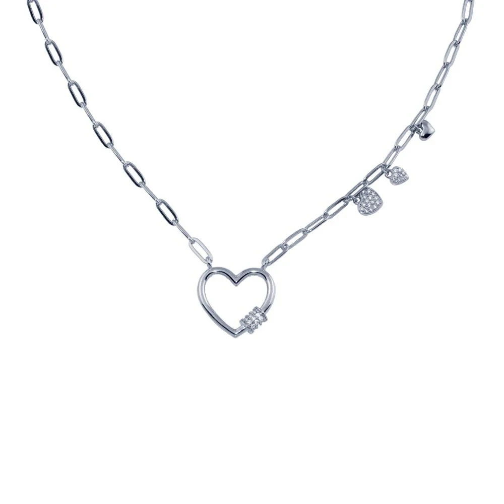 Rhodium Plated 925 Sterling Silver Heart CZ Paperclip Necklace