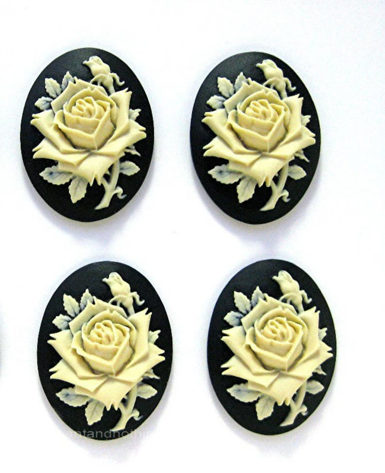 4 IVORY color Rose on BLACK Flower CAMEOS 40mm x 30mm Costume Jewelry CAMEOS