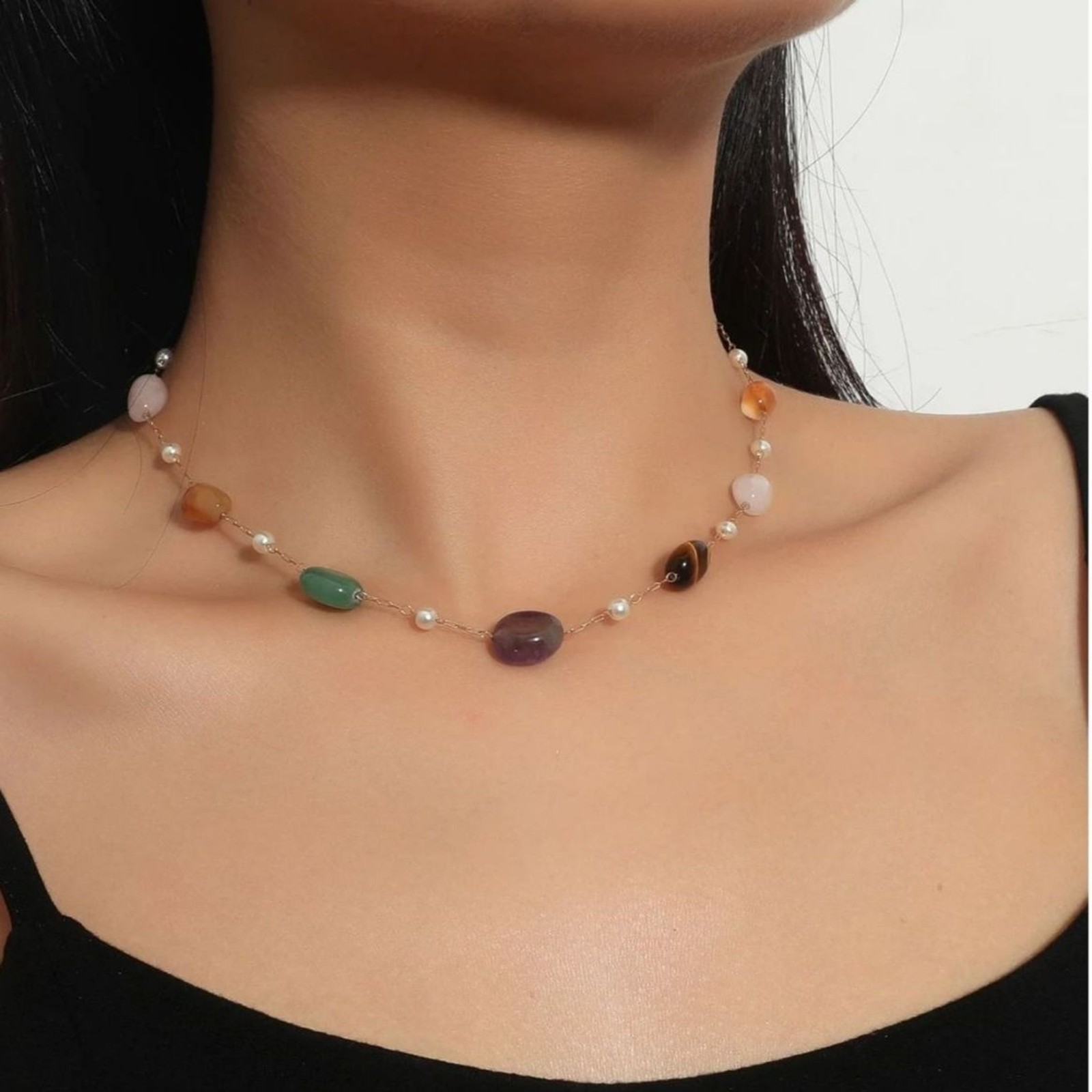 Natural Multi Gemstone Beaded Station Necklace Colorful Crystal Adjustable Gold
