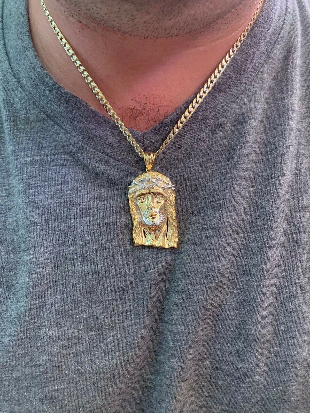 Solid 925 Silver 14k Gold Plated Jesus Piece ITALY Necklace HIP HOP Real Iced