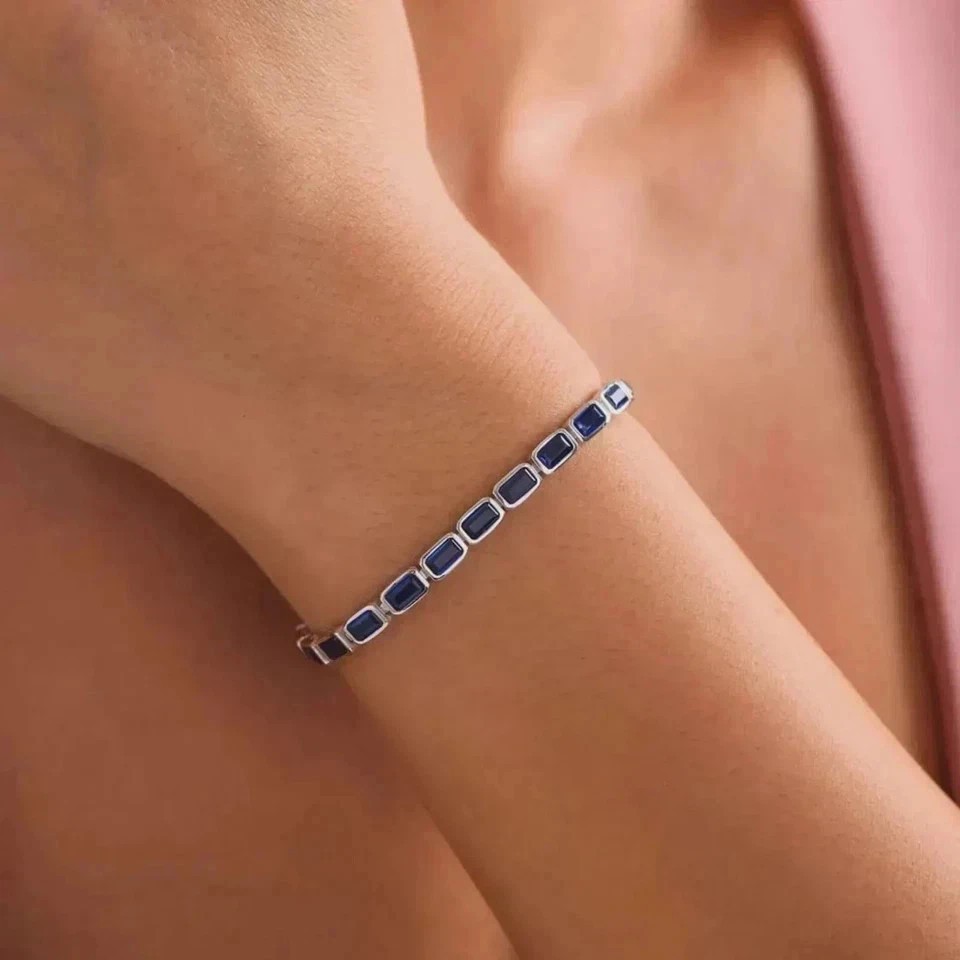 12 Ctw Emerald Cut Created Blue Sapphire Tennis Bracelet 14K White Gold Plated