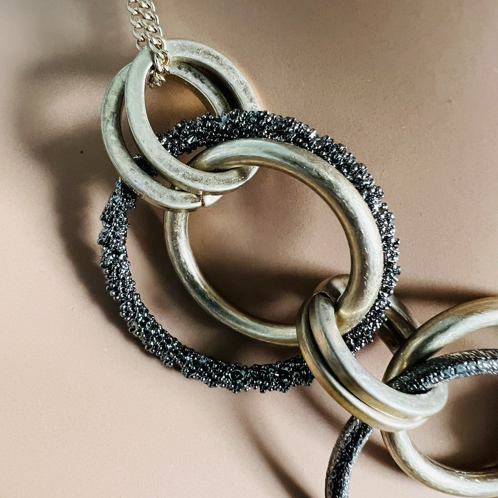 Elegant Gold & Black Chained Bib Necklace, Sparkling Hooped Statement Piece