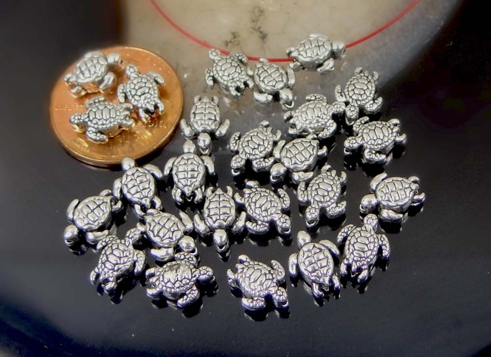20 tiny Antique Silver Pewter Turtle Tortoise Beads 9x7mm