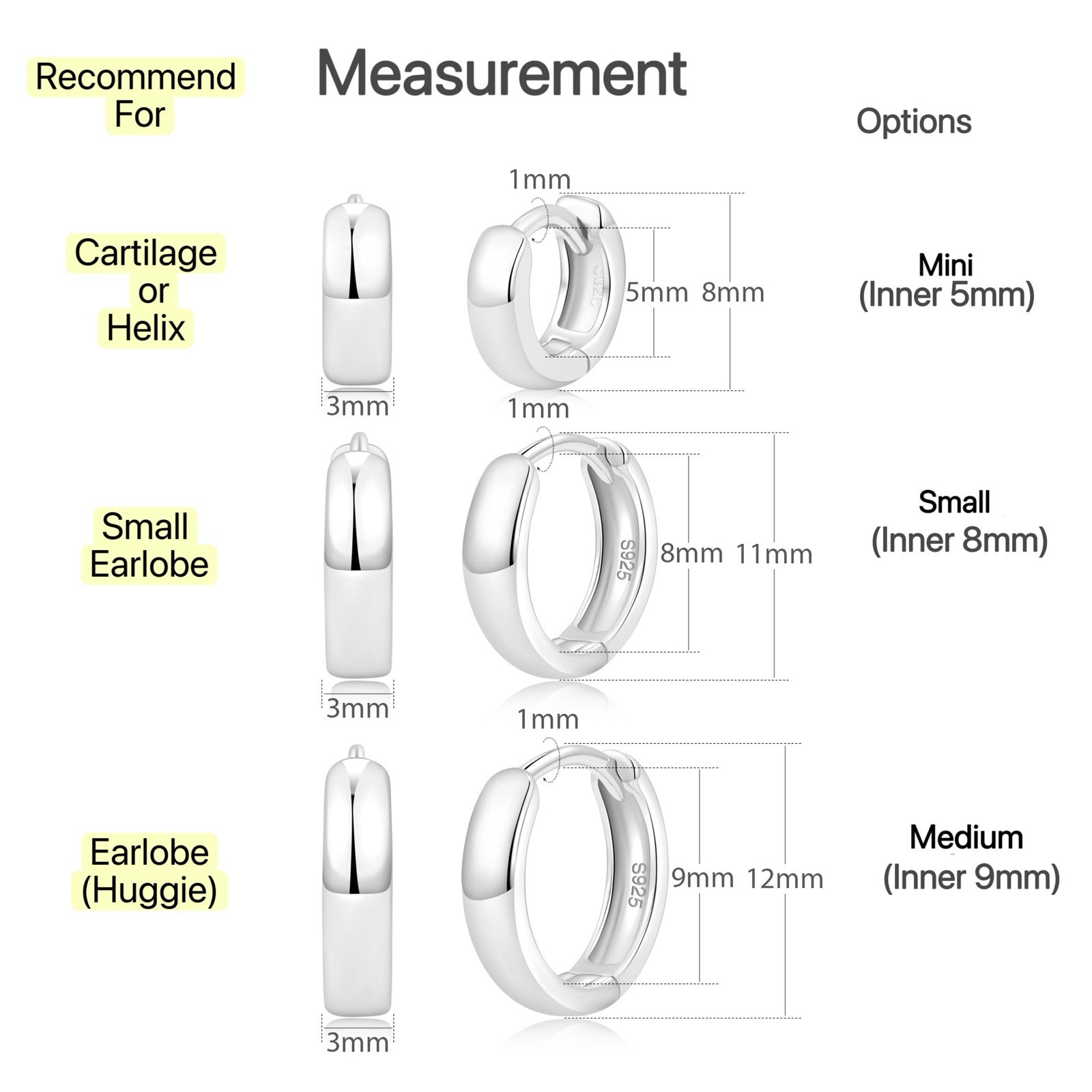Plain Solid Silver Hoop S925 Huggie Earrings 2nd Holes Multiple Size unisex