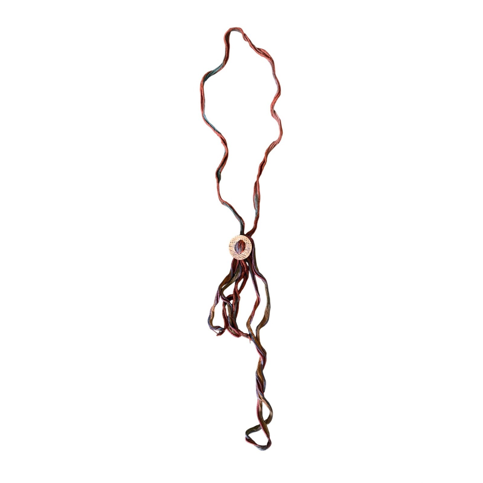 Artisan Multi-Strand Silk Cord Lariat Necklace Copper Hammered Disc Earthy