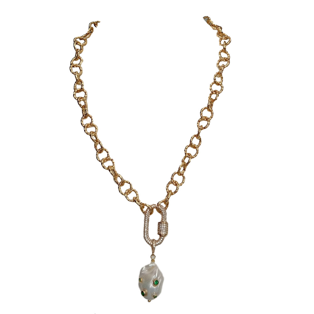 Cultured White Keshi Pearl Green Cz Pave Gold Plated Chain Necklace 18″