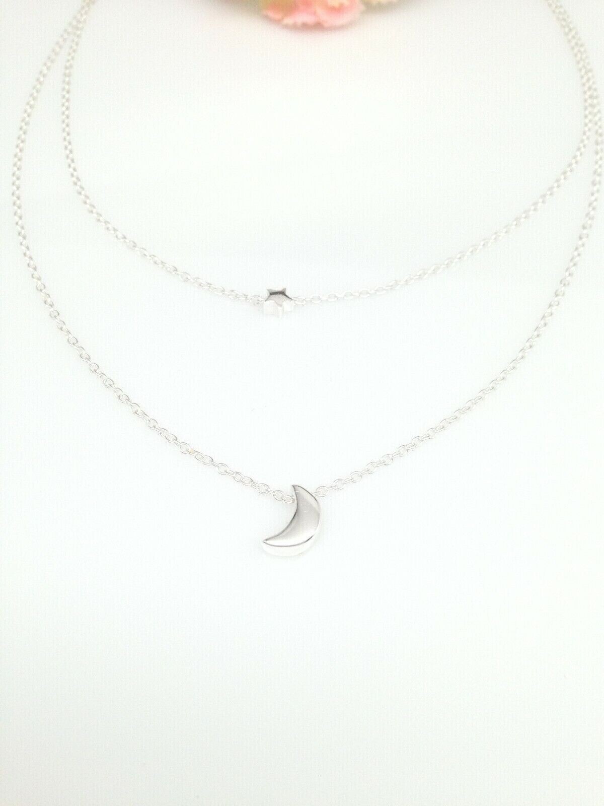 925 Sterling Silver Plain Star Crescent Moon Pendant Layered Necklace 2.8/7.8mm