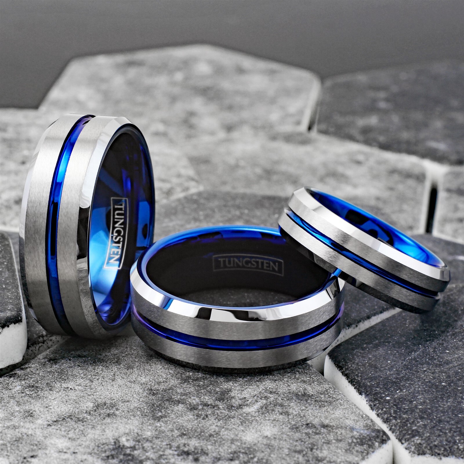 Tungsten Carbide Men’s Ring Brushed Silver Thin Blue Line Wedding Band Jewelry