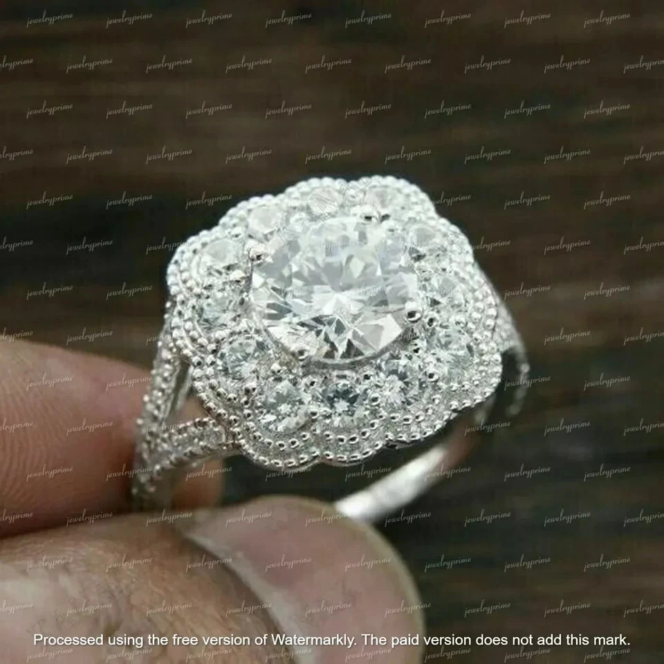 2.00Ct Round Cut lab Created Diamond Halo Engagement Ring 14k White Gold Plated