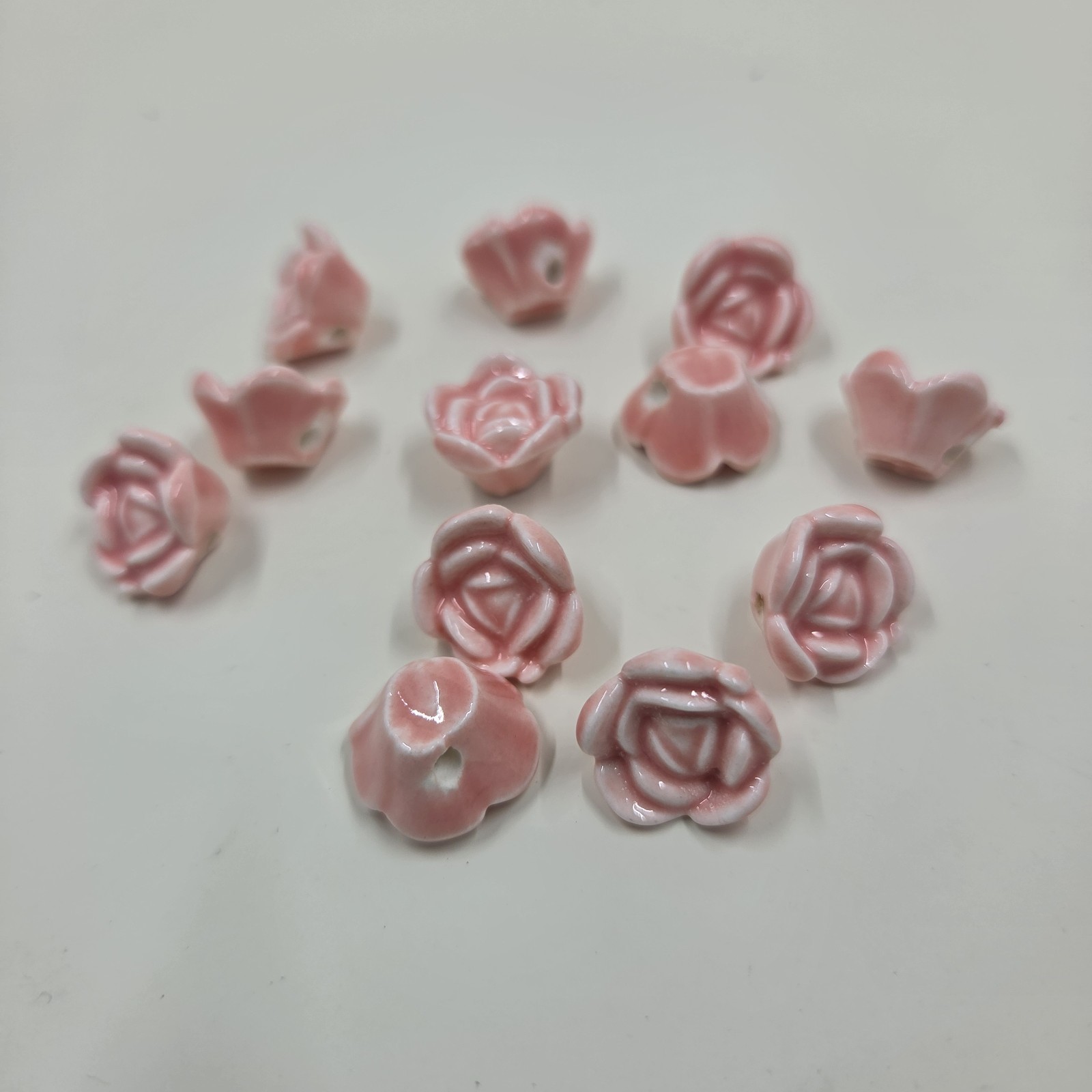12 Pink Ceramic Rose Flower Beads 15x9mm Glossy Jewelry Making Craft Supply New