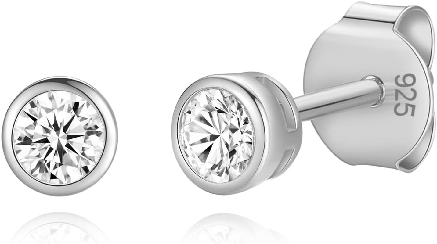 14K Gold Plated 925 Sterling Silver Cubic Zirconia round Bezel Set Stud Earrings