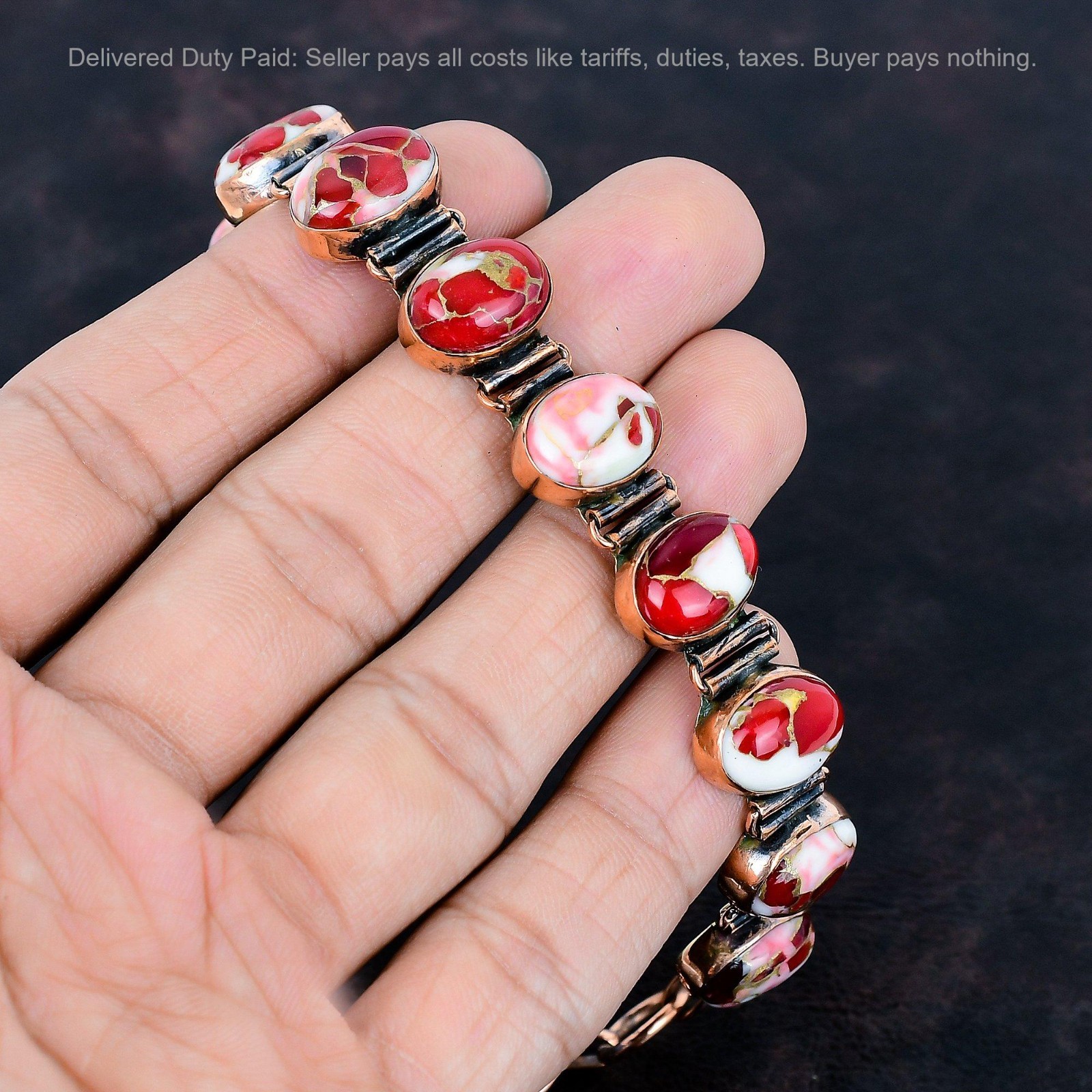 Copper Oval Kingman Red Mohave Copper Turquoise Gemstone Chain Bracelet Jewelry