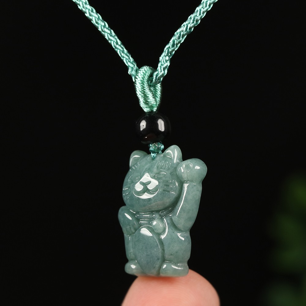 Certified Grade A Green 100% Natural Jadeite Jade Pendant Lucky Money Cat A10400