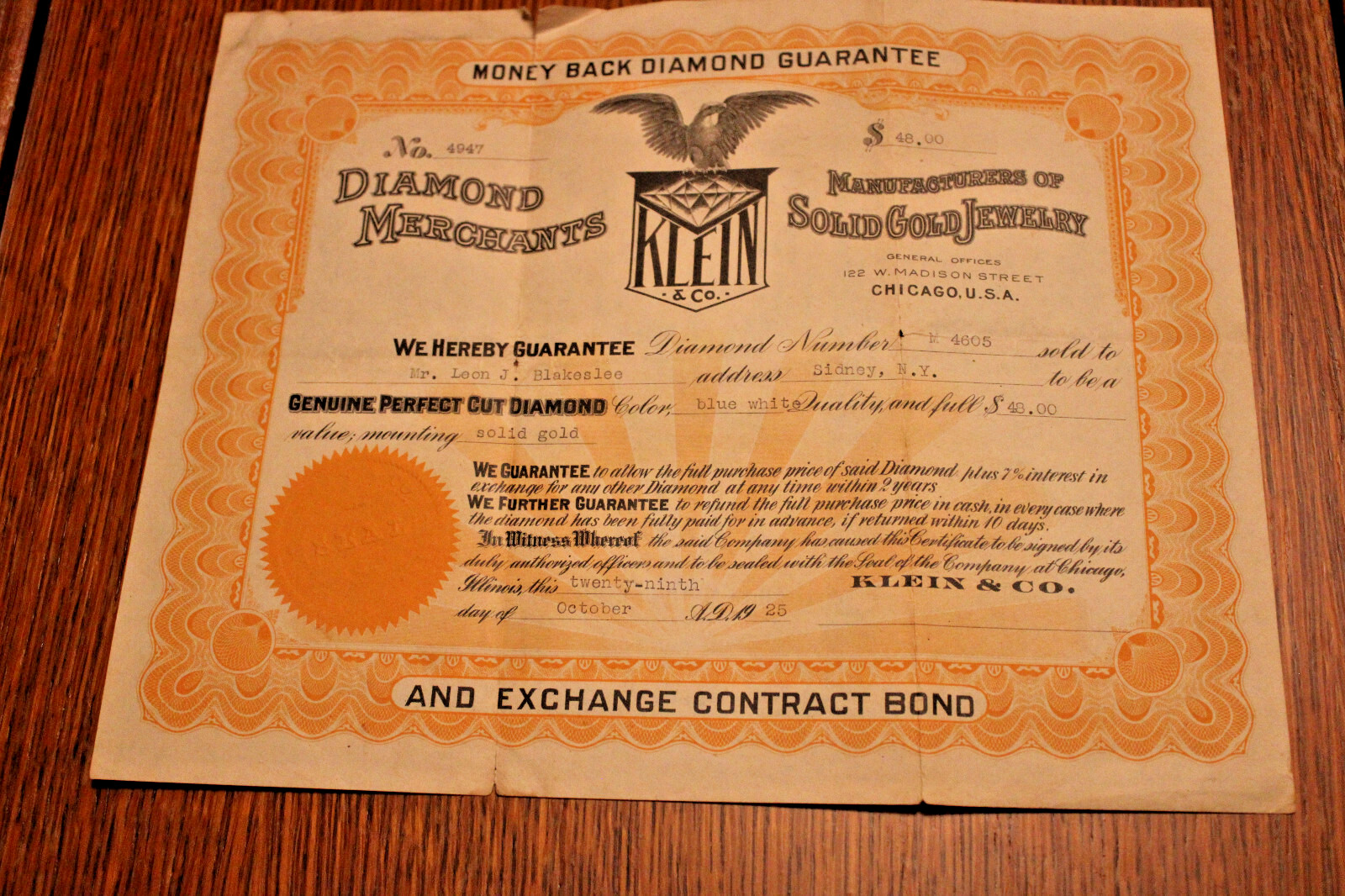 Diamond Merchants Money Back Guarantee 1925