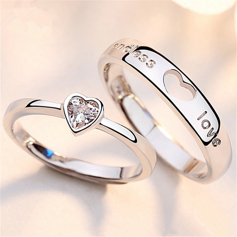 2pcs/set 925 Silver Zircon Promise Ring Couple Adjustable Letters Women Men Gift