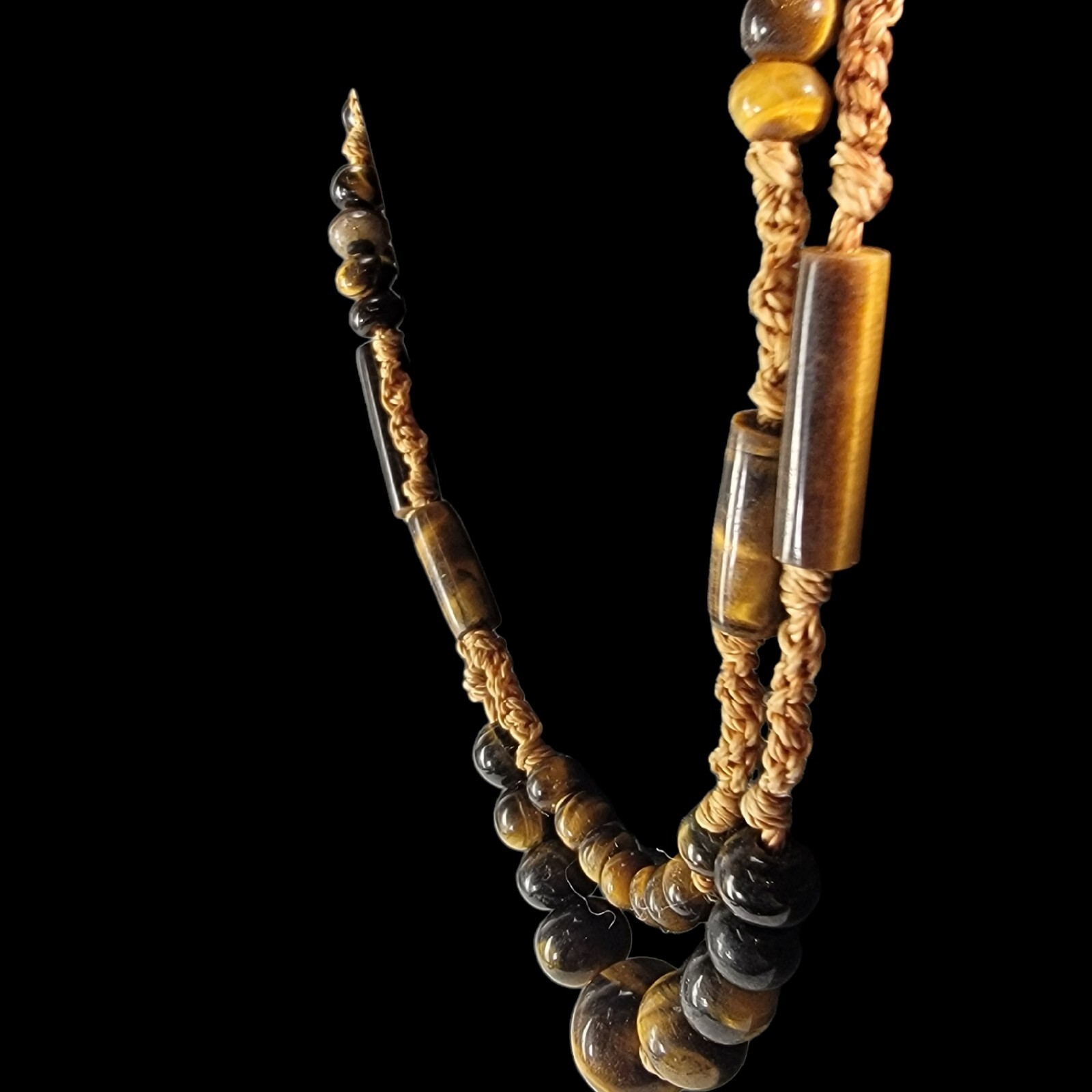 1970s Bohemian Macrame Silk Cord Necklace Double Strand Tiger Eye Beaded 38″