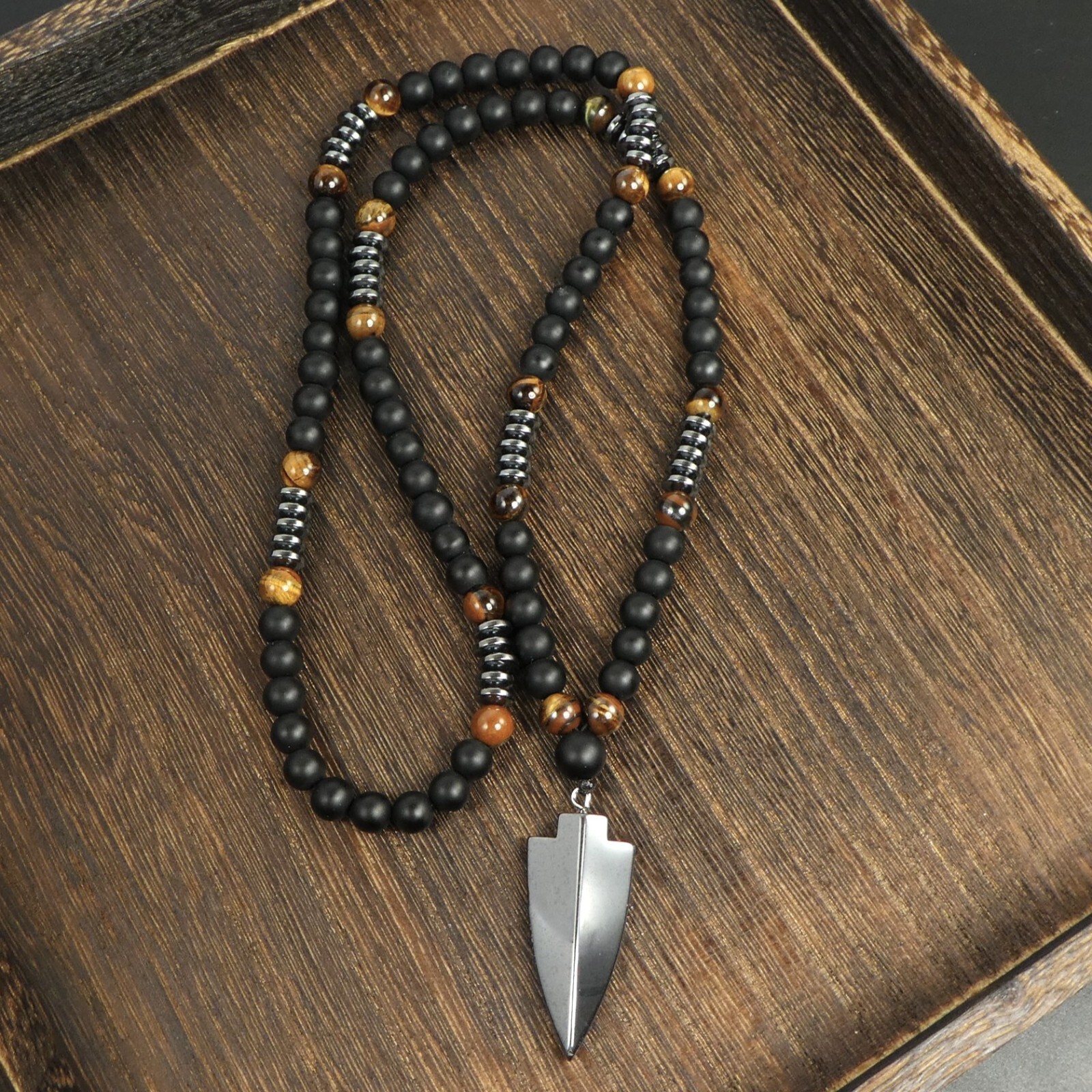 Tiger Eye Matte Black Onyx Hematite Arrowhead Pendant 29″ Long Necklace Man Gift