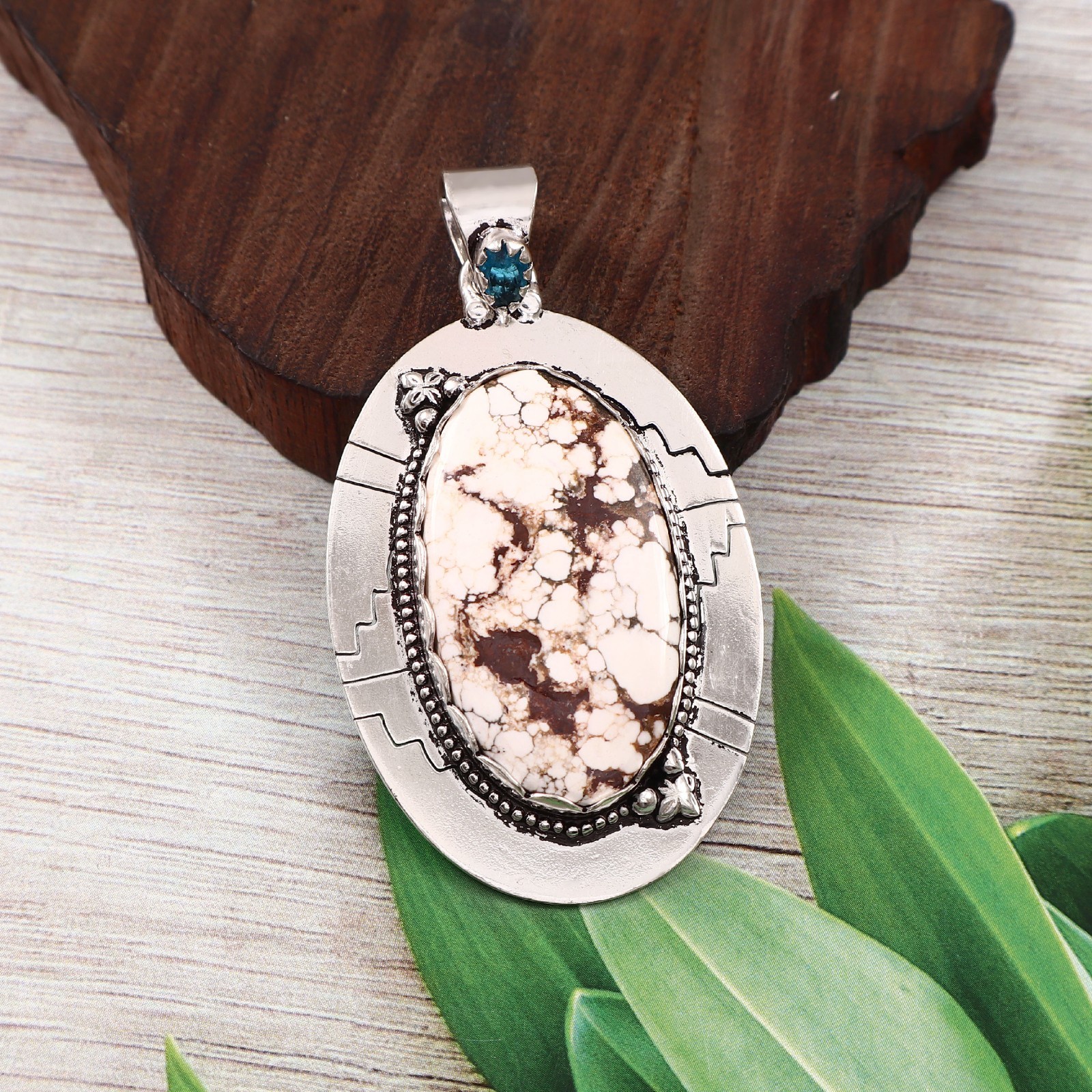 Wild Horse Turquoise & Blue Topaz Pendant 925 Sterling Silver Handmade Necklace