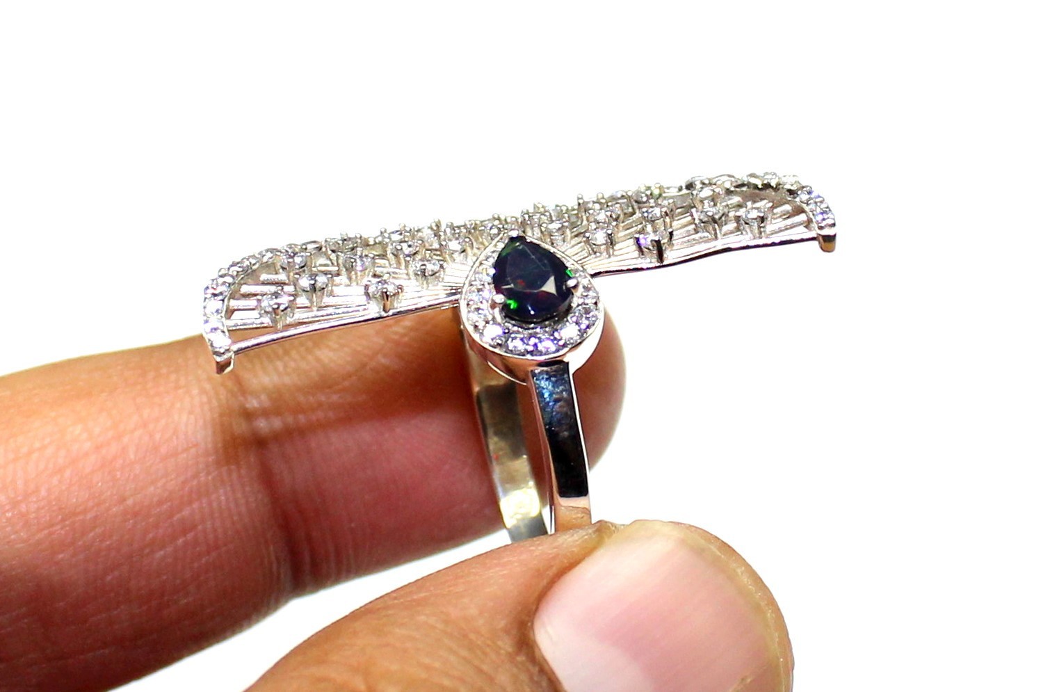 Natural Black Opal Ring, Eagle Wings Sterling Silver Ring, October Birthstone
