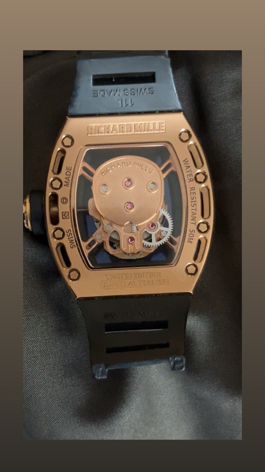 Richard Mille RM 052 Skull Skeleton Manual Mechanical Rose Gold 50m Black Strap