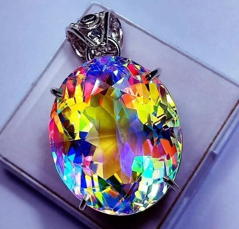 Natural Oval Mystic Topaz 98.15 Ct+ 925 Solid Silver Rainbow Pendant Gemstone