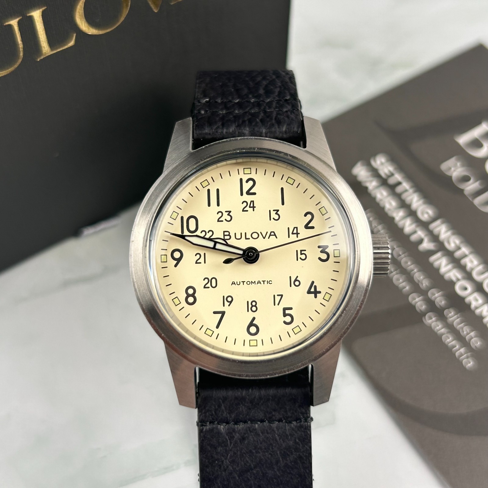 Bulova 96A246 Men’s Hack Watch Ivory Dial Black Leather Strap Automatic New 38MM