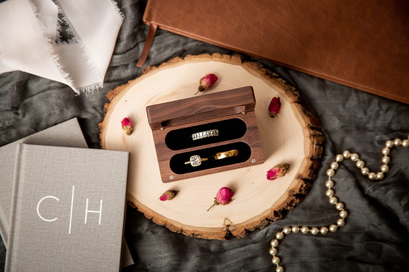 Engraved Wooden Quad Ring Box for Wedding, Anniversary, Birthday & Valentine’s G