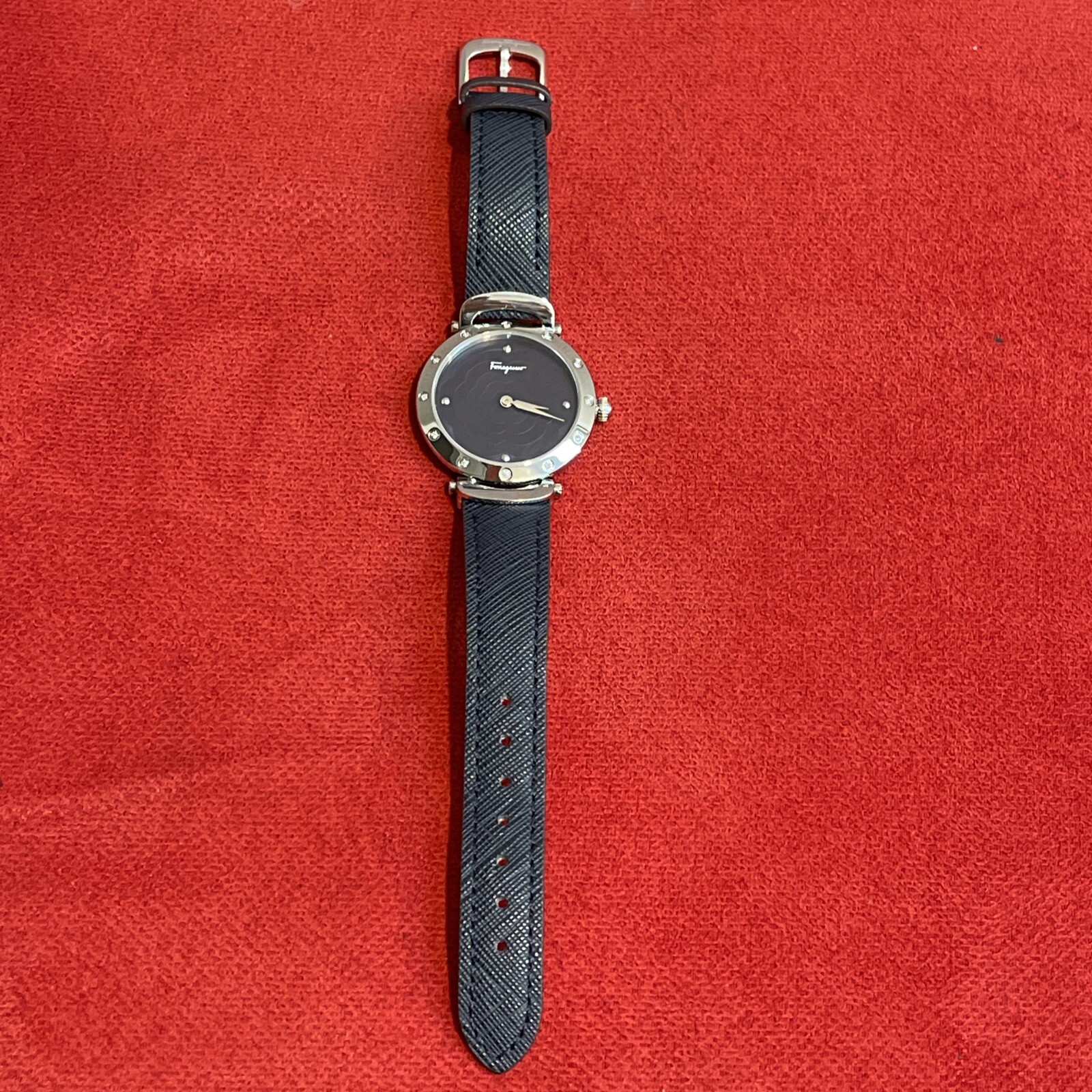 SALVATORE FERRAGAMO Blue Leather Floral Mother Of Pearl 12 Diamonds $1395